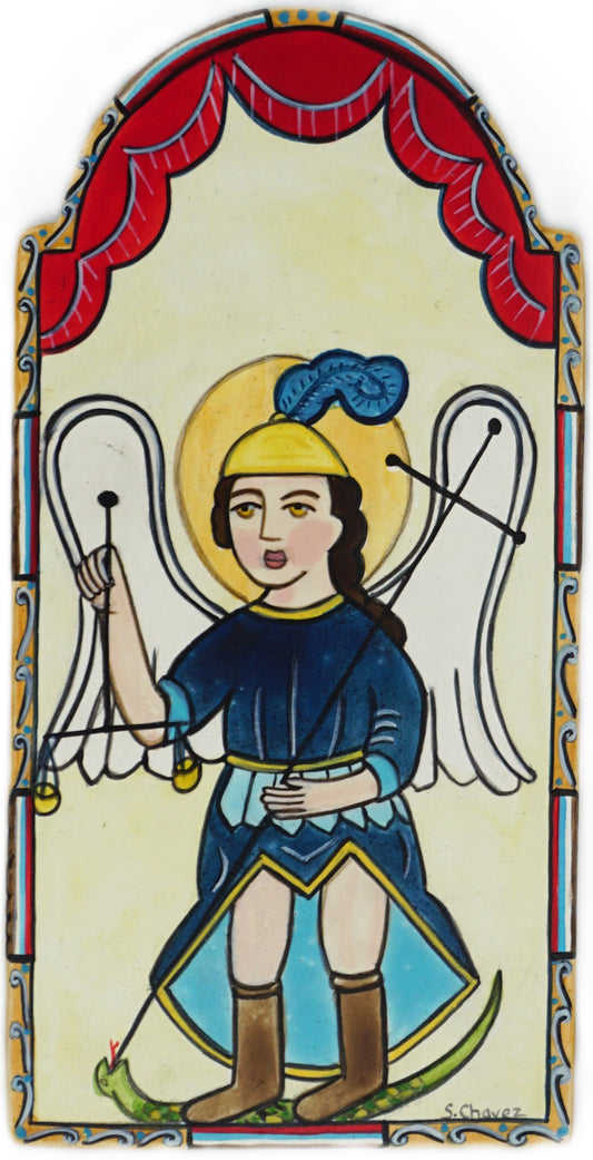 Retablo-Saint Michael the Archangel (replica) 001. Patron of military and firefighters. Feast Day: Sept 29 & May 8