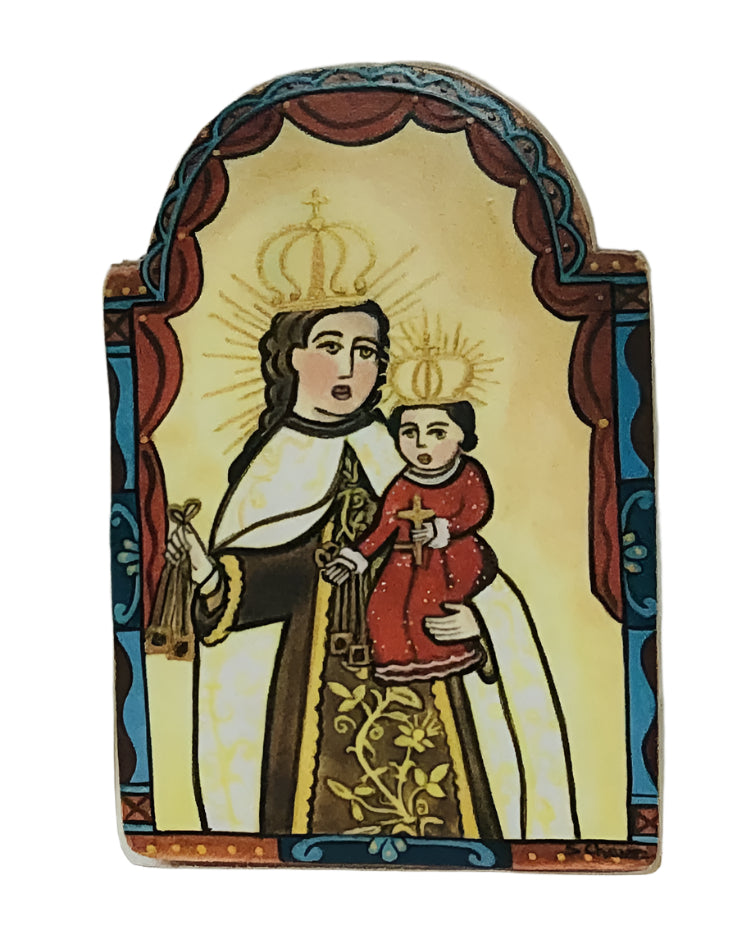 Retablo-Our Lady of Mount Carmel (replica). Patron of Carmelites and deliverance from purgatory. Feast Day: July 16