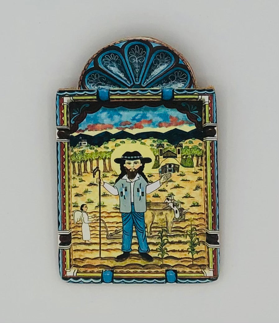 Retablo Saint Isador. Patron of farmers, their crops, and pilgrims. Feast Day: May 15