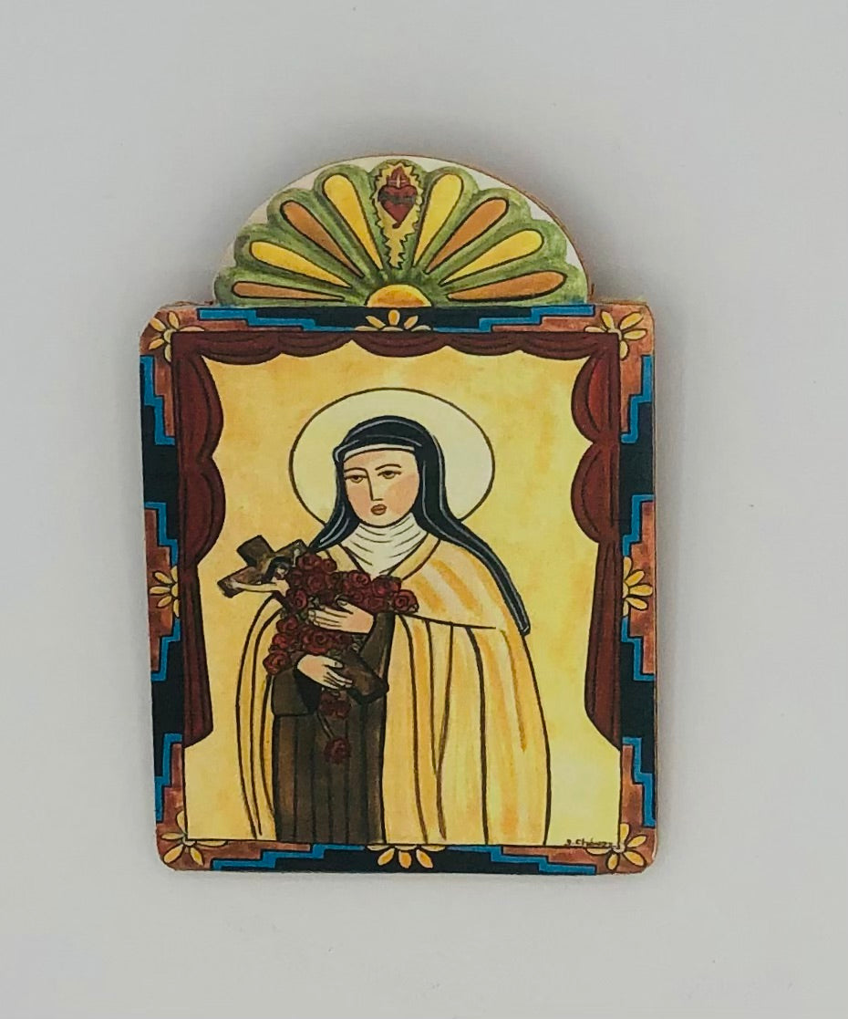 Retablo-Saint Teresa Little Flower. Patron of missionaries, the sick, florists, gardens, and the homeless. Feast Day: Oct. 1